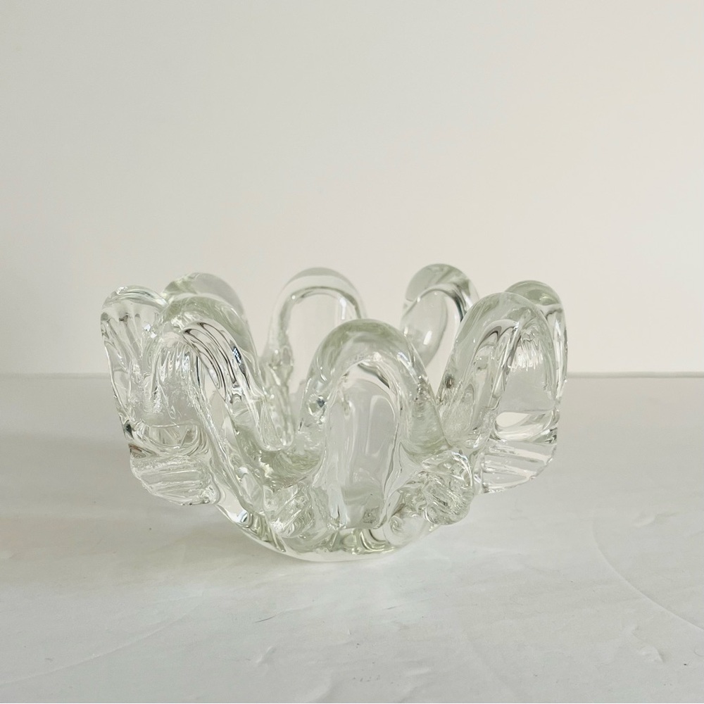 Vintage Hand Blown 8 Finger Murano Style Clear Ruffled Art Glass Bowl Dish